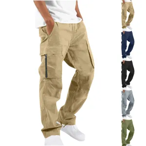 Pantalones cargo casuales para hombre multi bolsillos corte recto con detalles de cremallera.