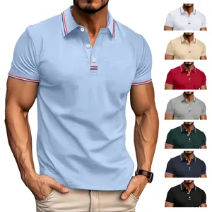 Polo Décontracté pour Hommes Manches Courtes Revers Patte de Boutonnage Bloc de Couleur Patchwork Mélange de Coton Haut