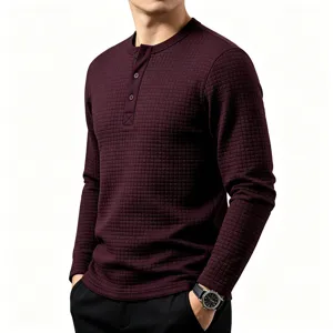 Men's Long Sleeve Waffle Henley Shirt Casual Textured Pullover Top for Daily Wear.