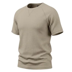 Khaki waffle knit short sleeve t-shirt with raglan sleeves and v-stitch collar detail.