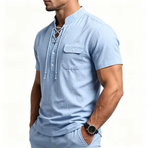 Close-up view of men's casual linen blend short sleeve henley shirt with lace-up collar.