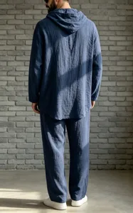 Detailed view of men's casual linen hooded long sleeve shirt and pants set, comfortable fit.