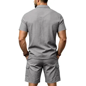 Herren Sommer Freizeit Leinen Kurzarm Polohemd und Cargo Shorts Set Ruecken Ansicht
