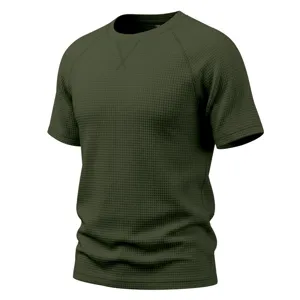 Detail view of the army green waffle knit fabric and classic cross V-stitch collar design.