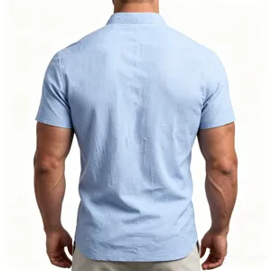 Men's light blue short sleeve linen henley shirt, casual summer basic wear detail view.