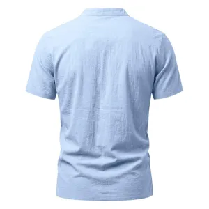 Detailed back view of light blue linen short sleeve casual shirt showing fabric texture.