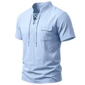 Men's casual linen short sleeve shirt detail, featuring lace-up stand collar and chest pocket design.