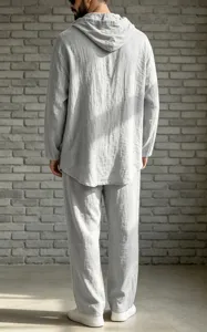 Men casual linen hooded long sleeve shirt and trousers set back view display details