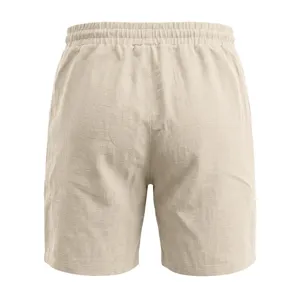 Pantalones cortos lino textura hombre detalle atras, verano playa transpirable casual.