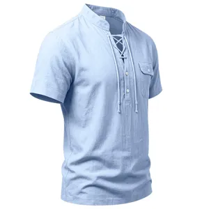 Men's casual linen short-sleeve Henley shirt featuring lace-up collar in light blue.