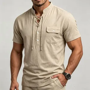 Men's casual summer linen henley shirt with short sleeves, lace-up V-neck and chest pocket.