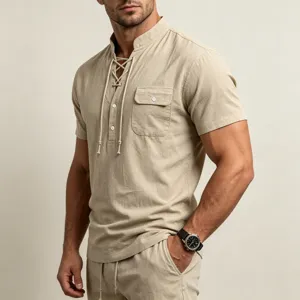 Men's summer casual linen henley shirt and shorts set short sleeve beige lightweight outfit