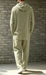 Men casual linen hooded long sleeve shirt and loose pants set for comfortable daily autumn wear.
