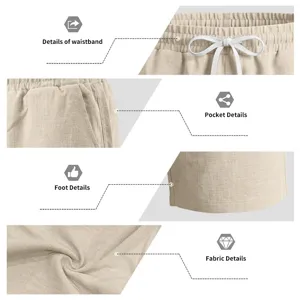 Primeros planos de los detalles del pantalón corto casual de lino para hombre con bolsillos.