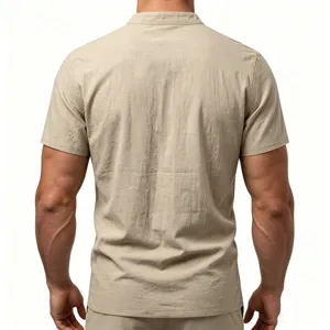 Back detail of men casual short sleeve linen shirt in beige, clean studio design shot