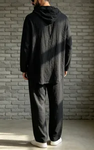 Men casual linen loose hooded shirt and trousers set autumn outfit back view detail