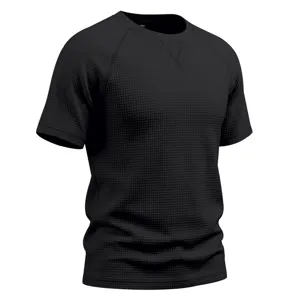 Men's solid color waffle short-sleeve t-shirt, casual raglan crew neck summer top for daily wear.