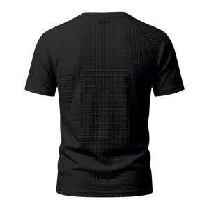 Detail view of mens black waffle knit short sleeve t shirt showing back texture and raglan cut.