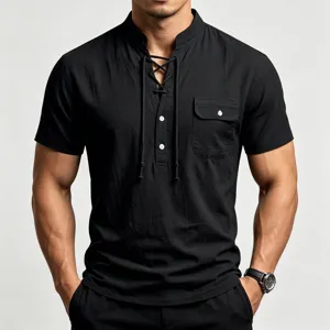 Detailed view of casual men's black linen henley shirt with chest pocket and lace-up collar.