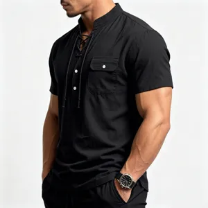Men's summer short sleeve linen casual henley shirt with pocket and lace up collar.