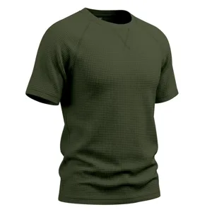 Detailed view of mens army green waffle knit short sleeve t shirt with raglan sleeves and v detail.