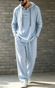 Men casual linen hooded henley shirt and pants set autumn comfortable daily wear blue outfit