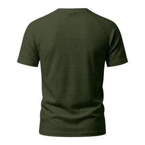 Men army green waffle knit short sleeve t-shirt, casual summer raglan crewneck top.