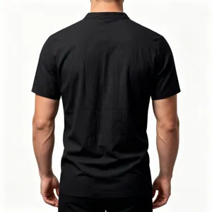 Men's black short sleeve linen henley shirt casual summer minimalist solid color tee top