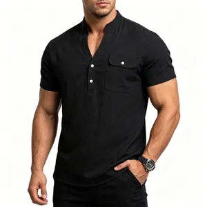 Heren Casual Zwart Linnen Korte Mouw Henley Hemd Met Borstzak Zomer Mode Topwear