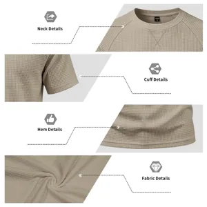 Detailed close-up view of the men's waffle knit short sleeve t-shirt, showing texture and neck.