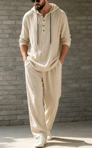 Detail view of men casual linen hooded henley shirt and matching pants set in beige tone.