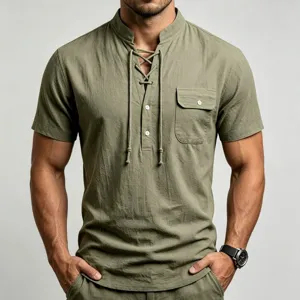 Men's Short Sleeve Linen Henley Shirt Casual Summer Utility Tee with Pocket Pants