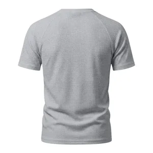 Gray waffle knit short sleeve men t-shirt casual crewneck raglan top detail view.