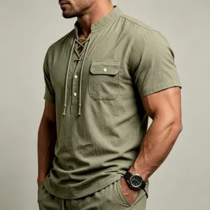 Close-up detail of men's military green short sleeve linen henley shirt with lace-up neck.