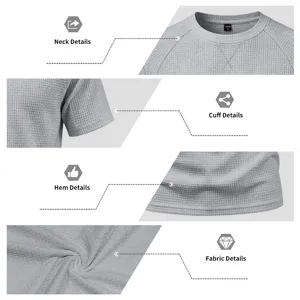 Grey waffle knit t-shirt fabric texture and collar hem cuff detail close up view