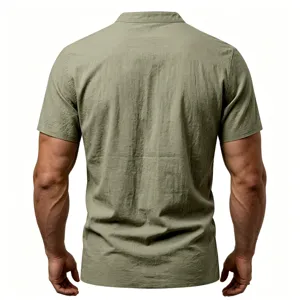 Back view detail of men's casual olive green linen short sleeve henley shirt summer wear.