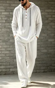 Men Casual Linen Hooded Henley Shirt And Trousers Set Autumn Fashion Long Sleeve Outfit