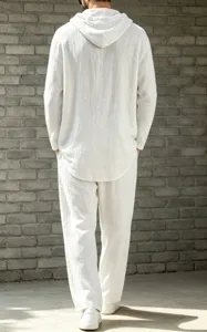 Men's casual linen hooded two-piece set long sleeve shirt and pants outfit white