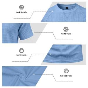 Men waffle knit short sleeve t-shirt summer casual raglan crew neck top light blue
