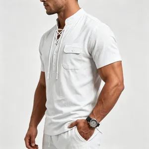 Men's white short sleeve linen henley shirt detail, lace-up V-neck and chest pocket design.