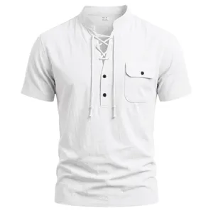 Close-up detail of white linen men short sleeve henley shirt collar lace-up pocket