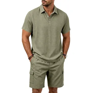 Herren Leinen Kurzarm Polo Shirt Cargo Shorts Sommer Freizeit Strand Set Detail Ansicht