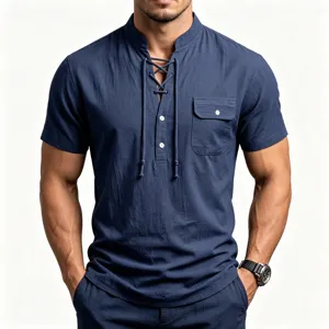 Men's short sleeve linen henley shirt detail view showcasing front lace-up and chest pocket design.