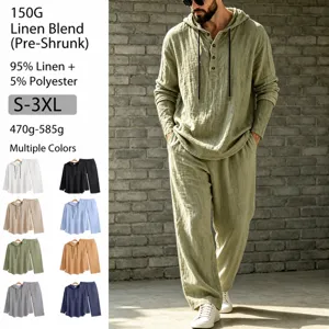 Men's casual linen hooded henley shirt and long pants set, comfortable loose fit outfit.