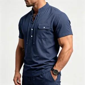 Men's casual linen short sleeve henley shirt summer workwear with pocket detail view