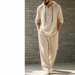 Men Casual Linen Blend Hooded Henley Shirt And Long Pants Top And Bottom Solid Color Loose Long Sleeve Outfit