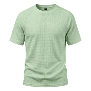 Mens waffle knit short sleeve t shirt casual raglan crewneck summer top light green