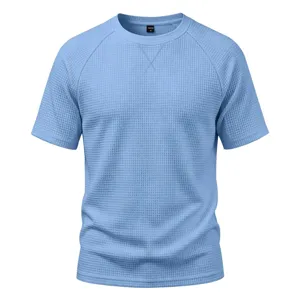 Men casual waffle knit short sleeve t shirt raglan crewneck summer top light blue color
