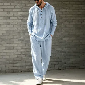 Men casual linen hooded henley shirt and long pants set light blue autumn daily outfit