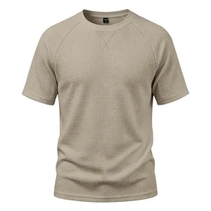 Men's waffle knit short sleeve t-shirt casual raglan crewneck top with v-cross stitch detail
